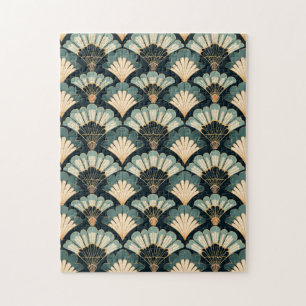 Japanese-inspired Teal & Beige Fan Jigsaw Puzzle
