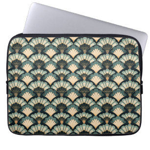 Japanese-inspired Teal & Beige Fan Laptop Sleeve