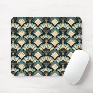 Japanese-inspired Teal & Beige Fan Mouse Pad