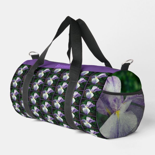 Japanese Iris Flower Pattern Personalised Duffle Bag (Right Corner)