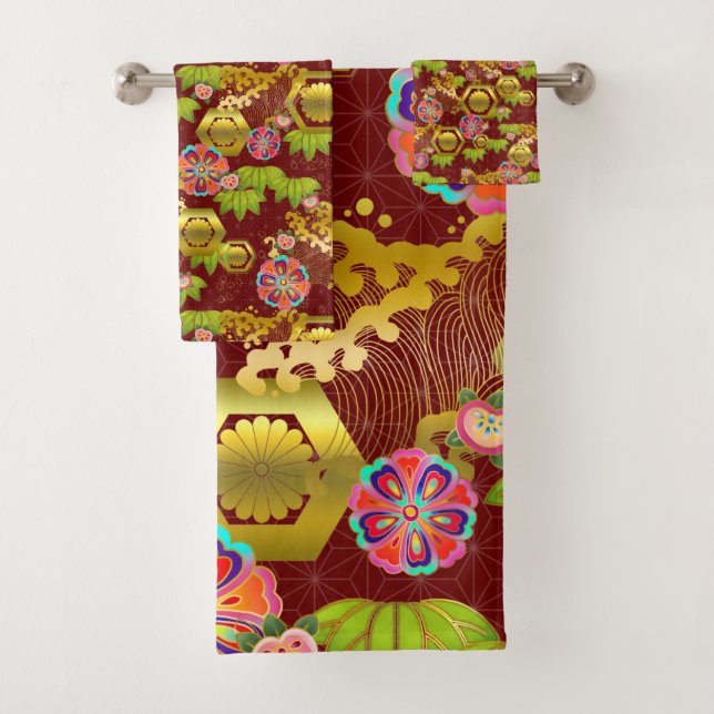 Japanese jurokugiku pattern bath towel set (Insitu)