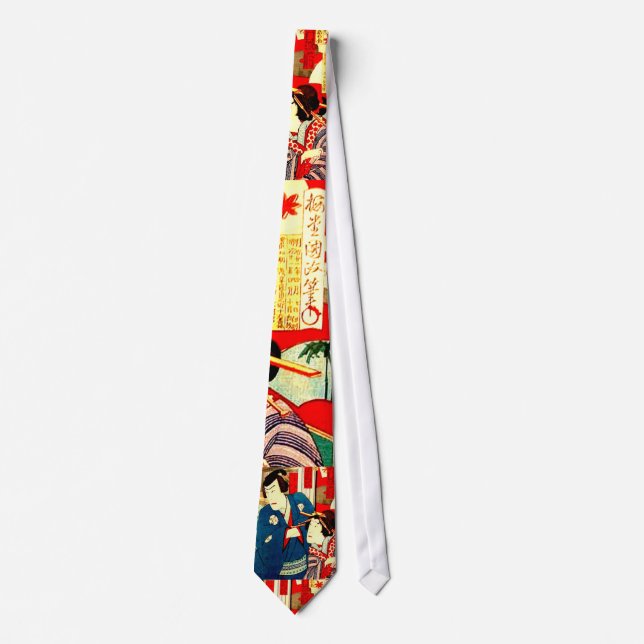 Japanese Kabuki Samurai Geisha Woodblock Art Print Tie (Front)
