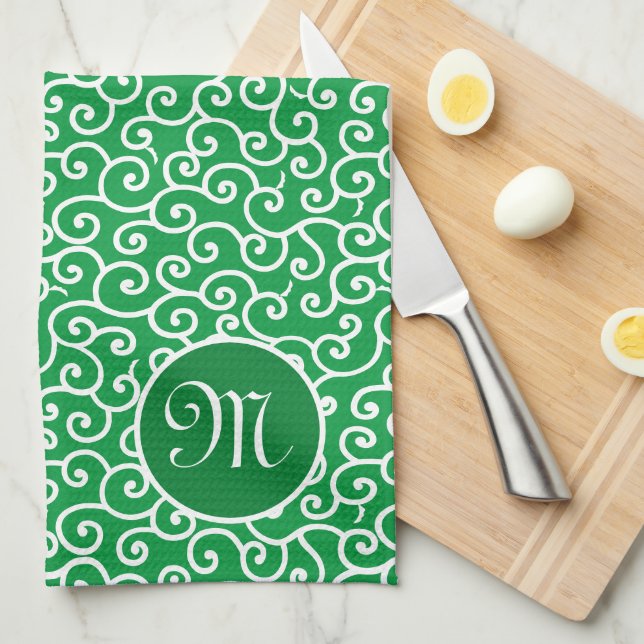 Japanese Karakusa Arabesque Spiral Vine Pattern Tea Towel (Quarter Fold)