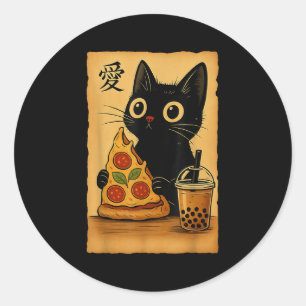 Japanese Kawaii Anime Cat Zza A Tea Cat Eating Zza Classic Round Sticker