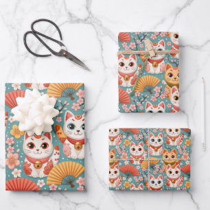 Japanese Kawaii Cats with Cherry Blossoms Birthday Wrapping Paper Sheet
