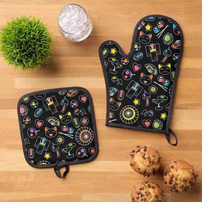 Japanese Kawaii Culture Doodles on Black Oven Mitt & Pot Holder Set (Top Down)