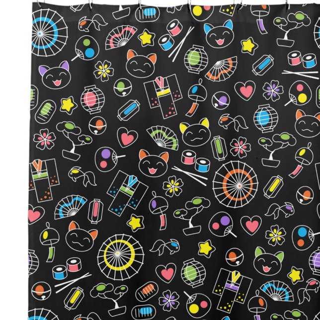Japanese Kawaii Culture Doodles on Black Shower Curtain (Creator Uploaded)