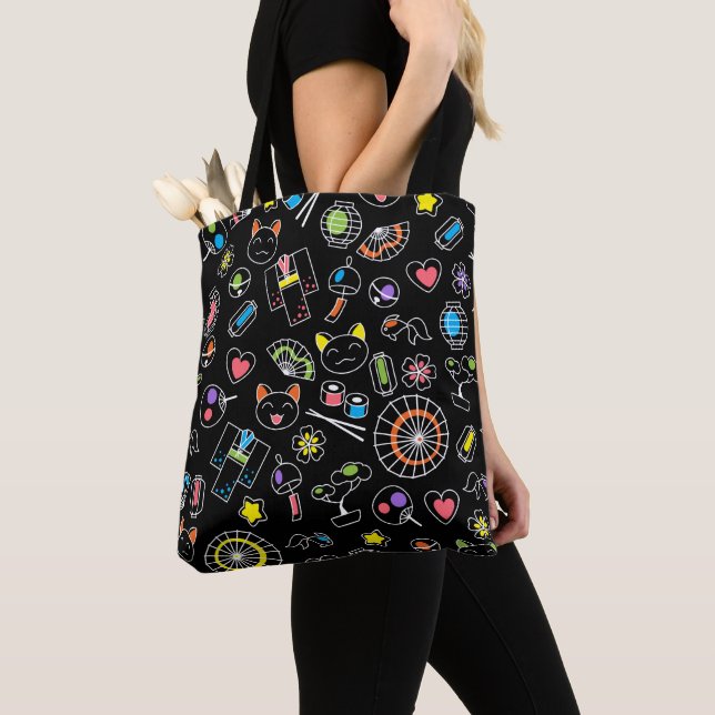 Japanese Kawaii Culture Doodles on Black Tote Bag (Close Up)