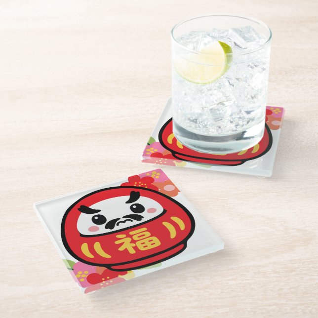 Japanese Kawaii Daruma Glass Coaster (Angled)