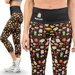Japanese Kawaii Decora Capri Sushi Yoga Leggings<br><div class="desc">Japanese Sushi Kawaii Capri Yoga Leggings | Yoga Apparel. Dive into the whimsical world of my Japanese Sushi Kawaii Capri Yoga Leggings, featuring waving cats, sushi, cherry blossoms, and more on a black backdrop. Personalise with your name and logo for a unique touch. Customise the waistband with your preferred name...</div>