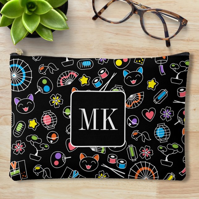 Japanese Kawaii Doodles on Black Monogram Initials Accessory Pouch (Creator Uploaded)