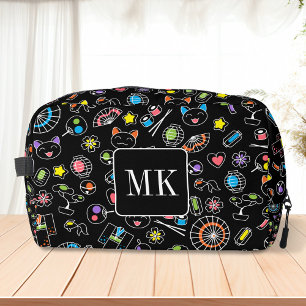 Japanese Kawaii Doodles on Black Monogram Initials Dopp Kit