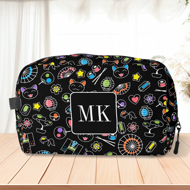 Japanese Kawaii Doodles on Black Monogram Initials Dopp Kit (Creator Uploaded)