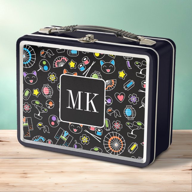 Japanese Kawaii Doodles on Black Monogram Initials Metal Lunch Box (Creator Uploaded)