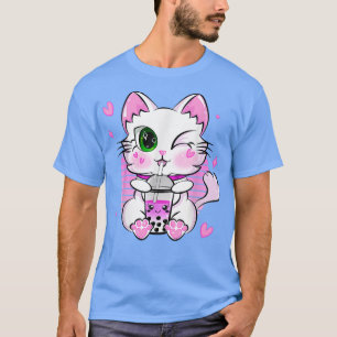 Japanese Kawaii Neko Cat Anime Drinking Boba Tea  T-Shirt