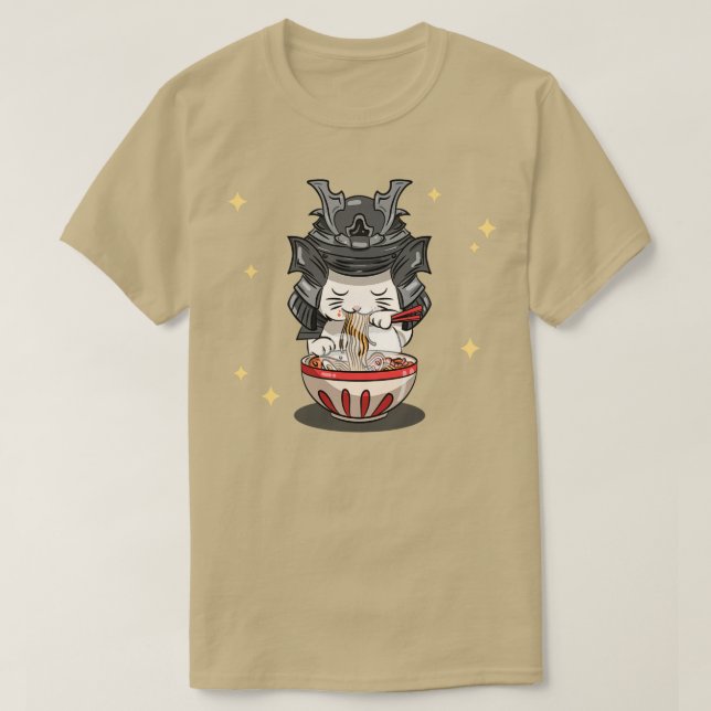 Japanese Kawaii Samurai Neko Cat Kitten Ramen Nood T-Shirt (Design Front)