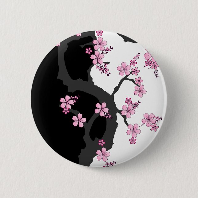 Japanese Kimono Black and White Pink Sakura 6 Cm Round Badge (Front)