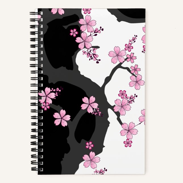 Japanese Kimono Black and White Pink Sakura Notebook (Front)