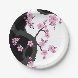 Japanese Kimono Black and White Pink Sakura Paper Plate