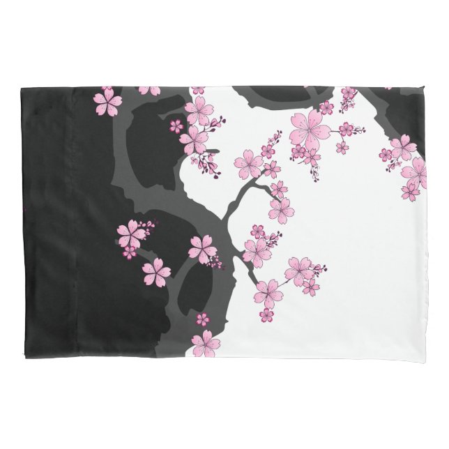 Japanese Kimono Black and White Pink Sakura Pillowcase (Front)