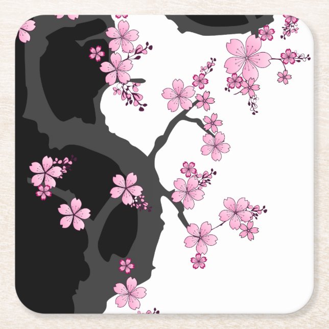 Japanese Kimono Black and White Pink Sakura Square Paper Coaster (Front)