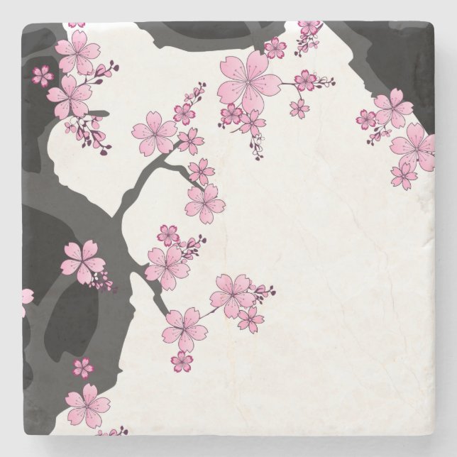 Japanese Kimono Black and White Pink Sakura Stone Coaster (Front)