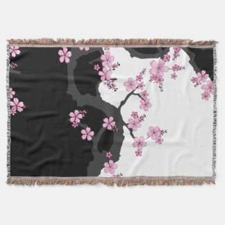Japanese Kimono Black and White Pink Sakura Throw Blanket