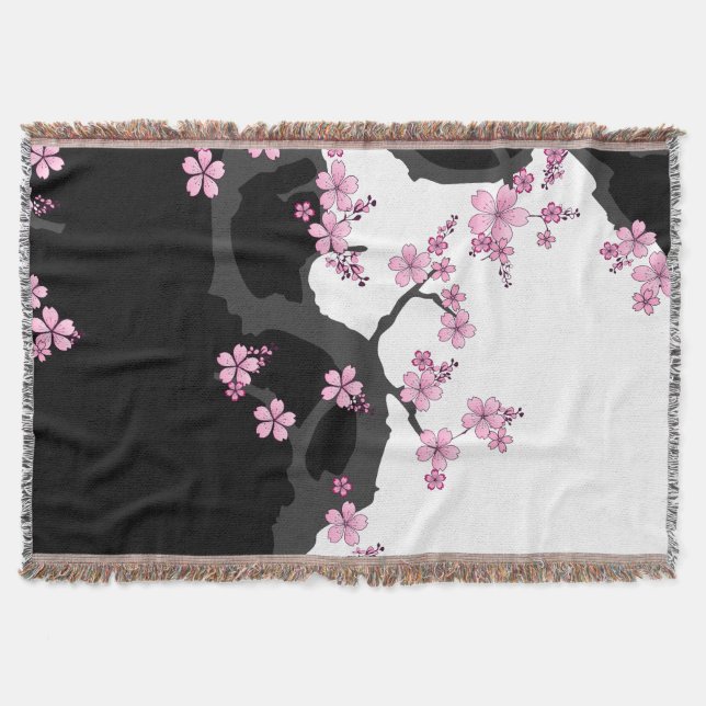 Japanese Kimono Black and White Pink Sakura Throw Blanket (Front)