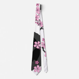 Japanese Kimono Black and White Pink Sakura Tie