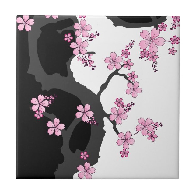Japanese Kimono Black and White Pink Sakura Tile (Front)
