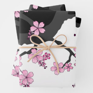 Japanese Kimono Black and White Pink Sakura Wrapping Paper Sheet