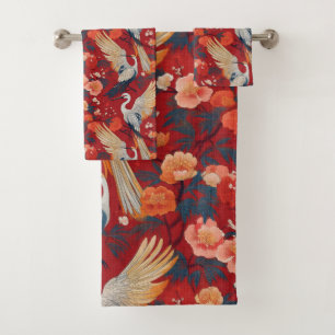 Japanese Kimono red crane and peony Bath Towel Set
