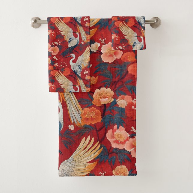 Japanese Kimono red crane and peony Bath Towel Set (Insitu)