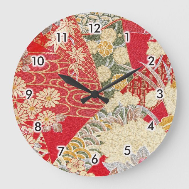 Japanese KIMONO Textile, Floral Pattern Large Clock (Front)