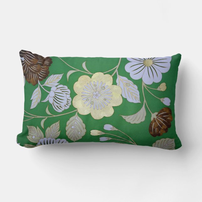 Japanese KIMONO Textile, Floral Pattern Lumbar Cushion (Front)