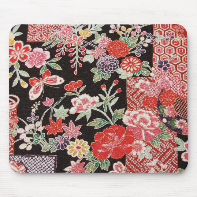 Japanese KIMONO Textile, Floral Pattern Mouse Pad (Front)