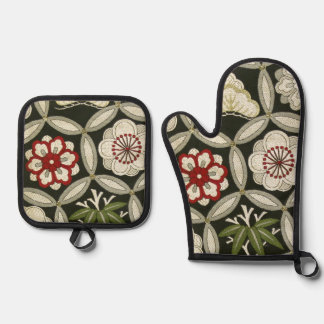 Japanese KIMONO Textile, Floral Pattern Oven Mitt & Pot Holder Set