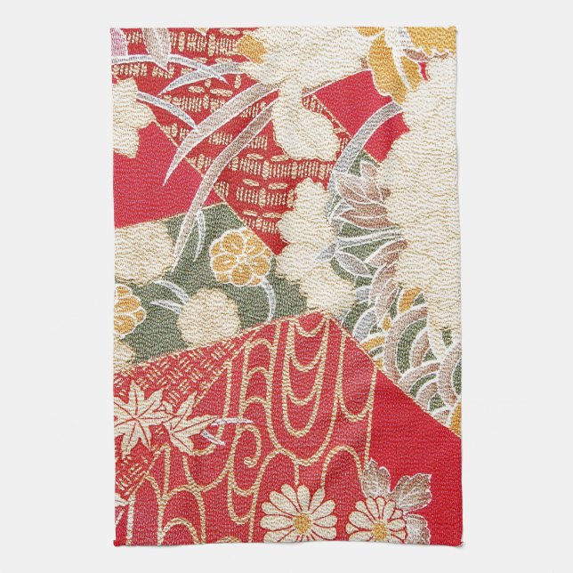 Japanese KIMONO Textile, Floral Pattern Tea Towel (Vertical)