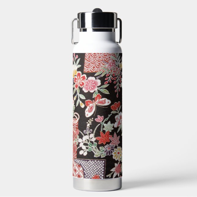 Japanese KIMONO Textile, Floral Pattern Water Bottle (Front)