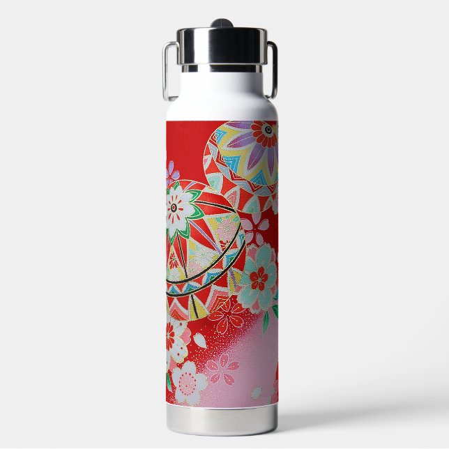 Japanese KIMONO Textile, Floral Pattern Water Bottle (Front)