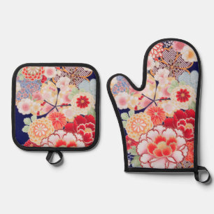Japanese KIMONO Textile, Flower Oven Mitt & Pot Holder Set
