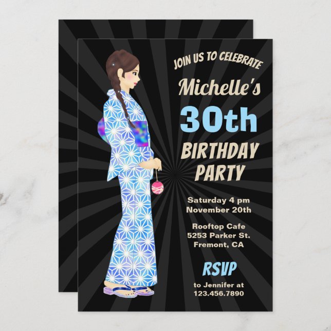 Japanese Kimono Woman Birthday Party Invitation (Front/Back)