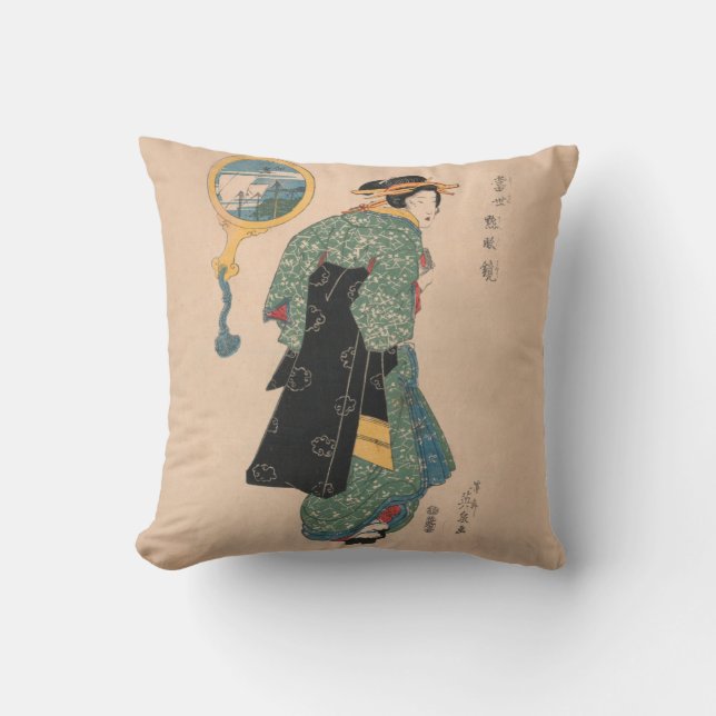 Japanese Kimono Woman: Ukiyo-e Woodblock Print  Cushion (Front)
