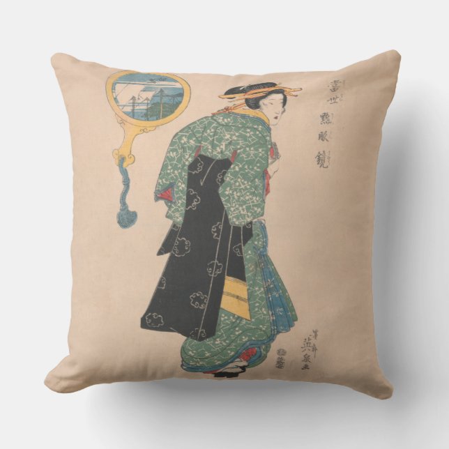 Japanese Kimono Woman: Ukiyo-e Woodblock Print  Cushion (Front)