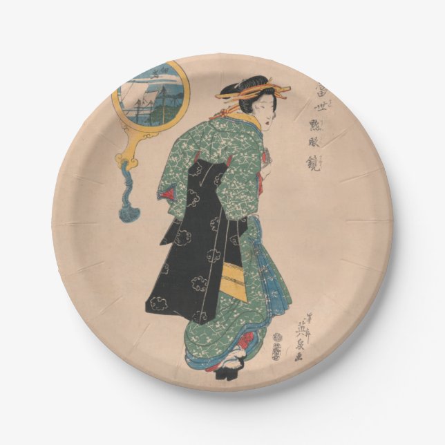 Japanese Kimono Woman: Ukiyo-e Woodblock Print  Paper Plate (Front)