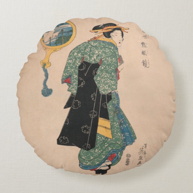 Japanese Kimono Woman: Ukiyo-e Woodblock Print  Round Cushion (Front)