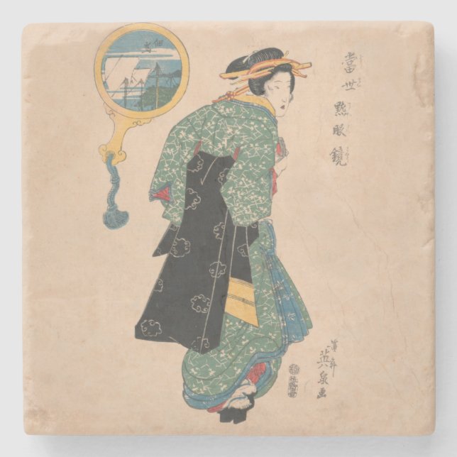 Japanese Kimono Woman: Ukiyo-e Woodblock Print  Stone Coaster (Front)