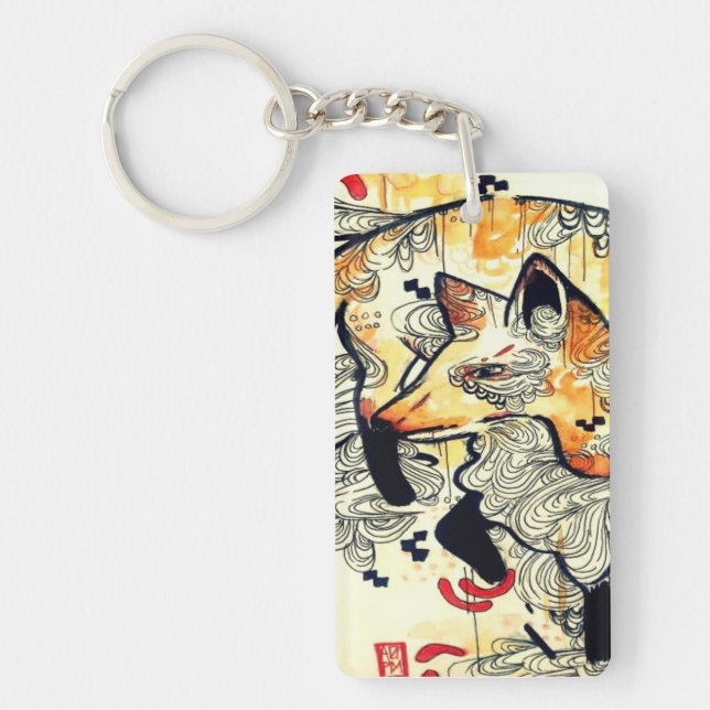 Japanese kitsune fox drawing, orange fox art key ring (Front)