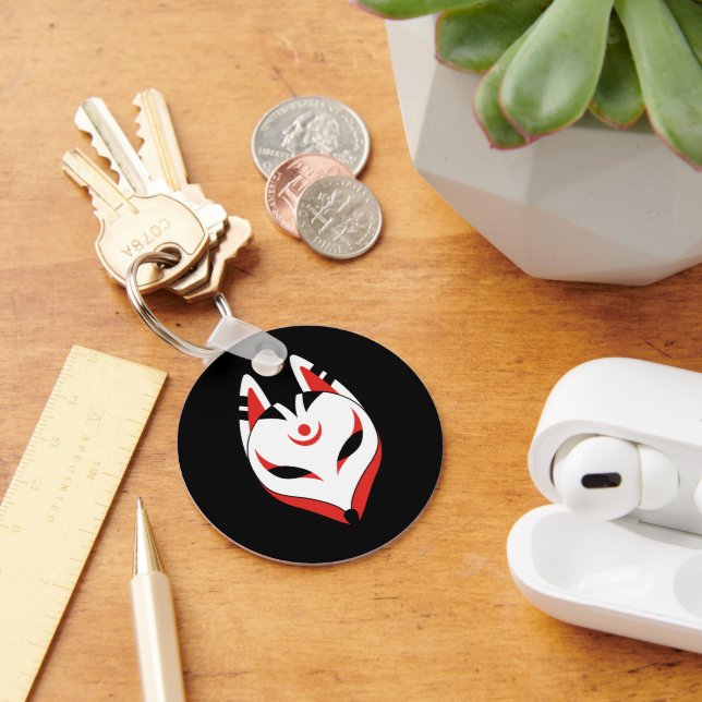 Japanese Kitsune Fox Mask on Black Key Ring (Desk)