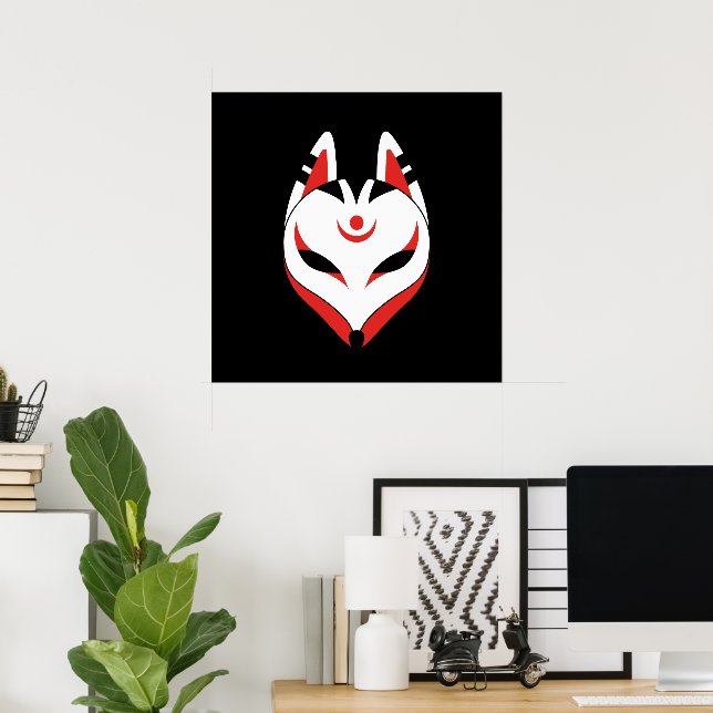 Japanese Kitsune Fox Mask on Black Poster (Home Office)